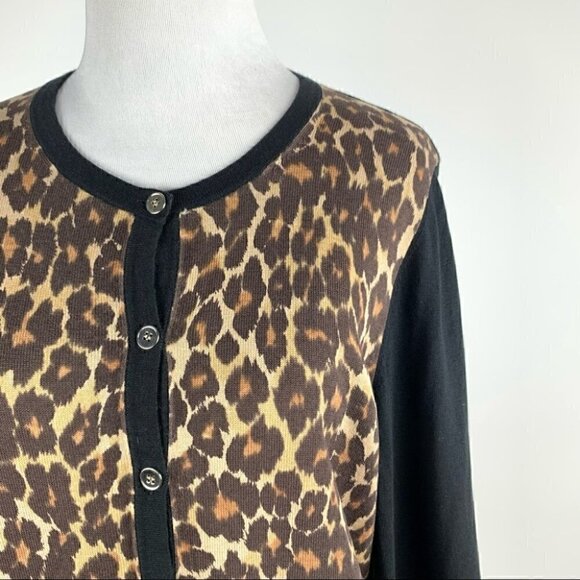 Ann Taylor womens sweater size L black brown cheetah print button down cardigan - Picture 2 of 10